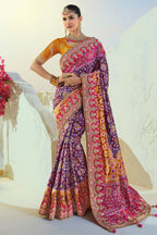 Purple Silk Traditional Patola Saree with Contrast Embroidered Border