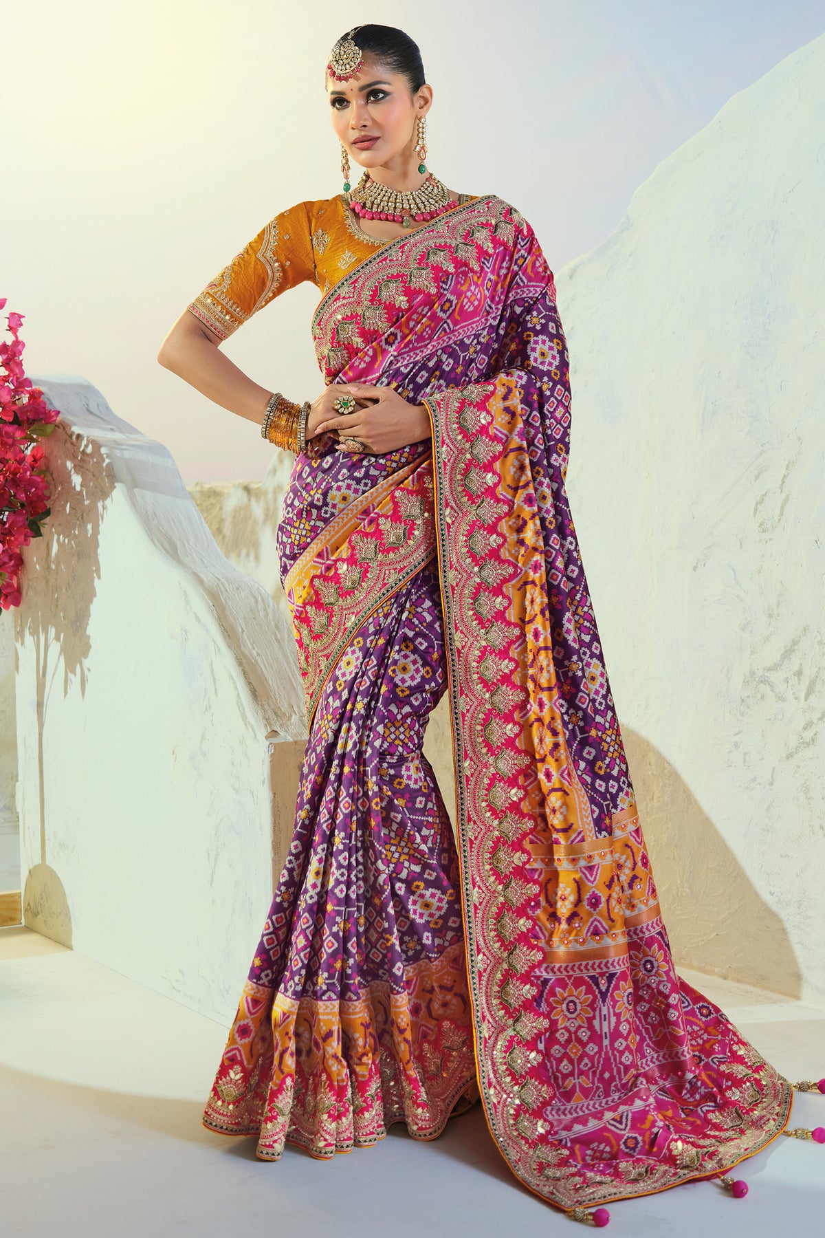 Purple Silk Traditional Patola Saree with Contrast Embroidered Border