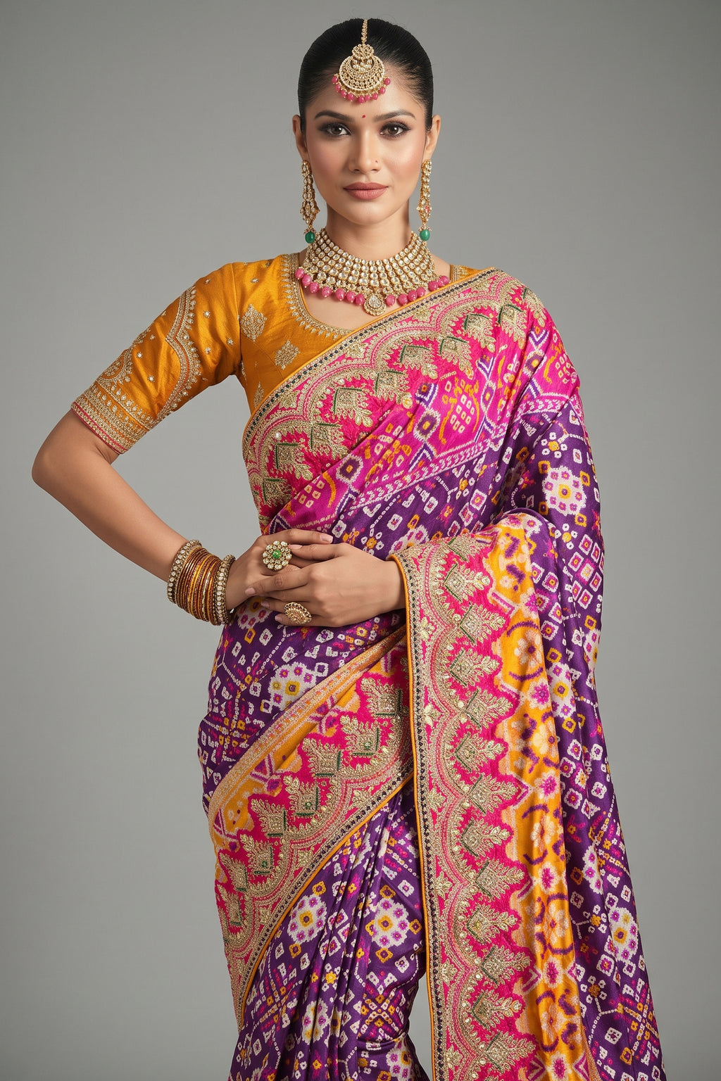 Purple Silk Traditional Patola Saree with Contrast Embroidered Border