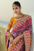 Purple Silk Traditional Patola Saree with Contrast Embroidered Border