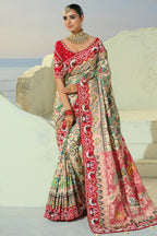 Cream Silk Traditional Patola Saree with Contrast Beaded Border
