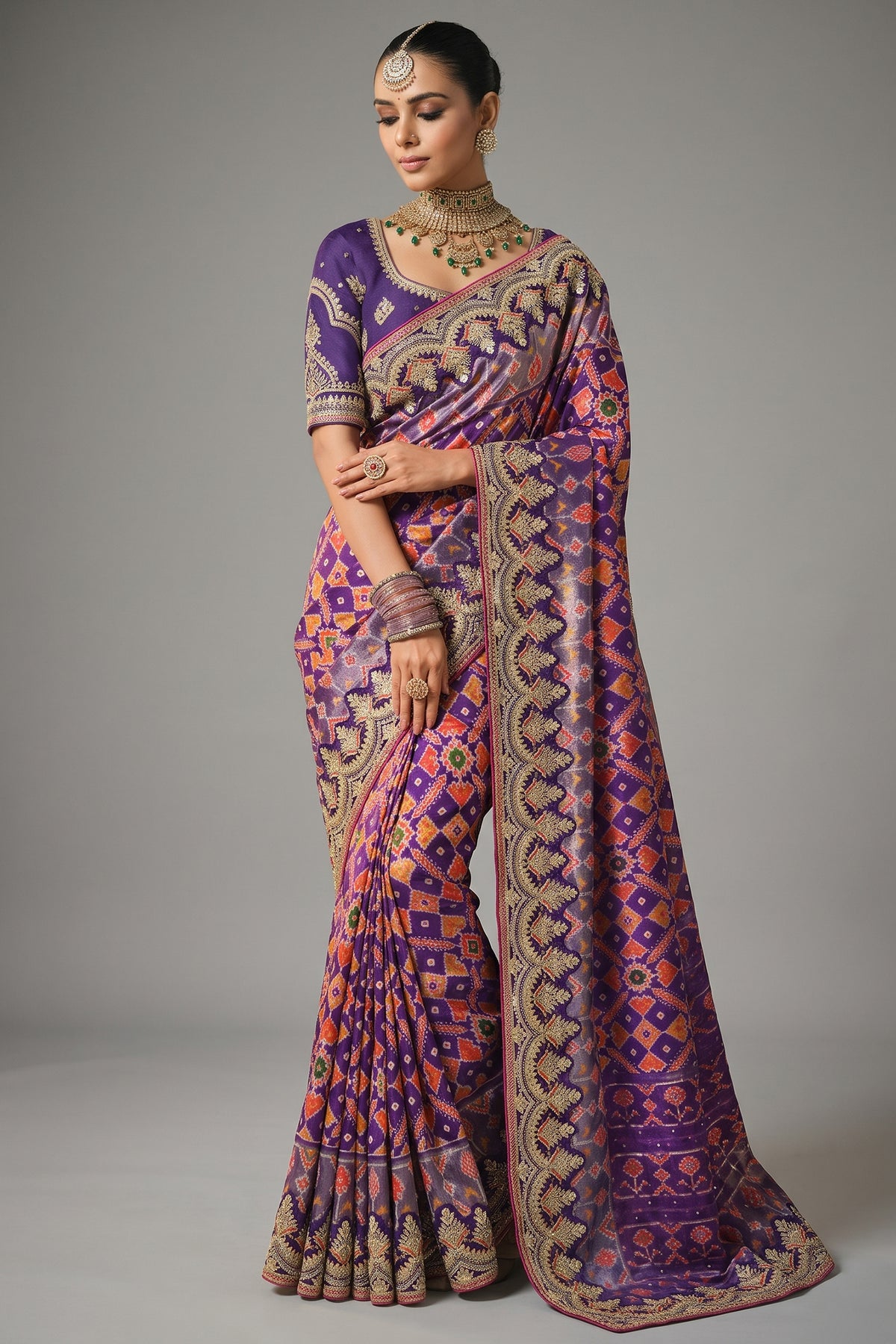 Purple Silk Traditional Woven Patola Saree with Embroidered Border