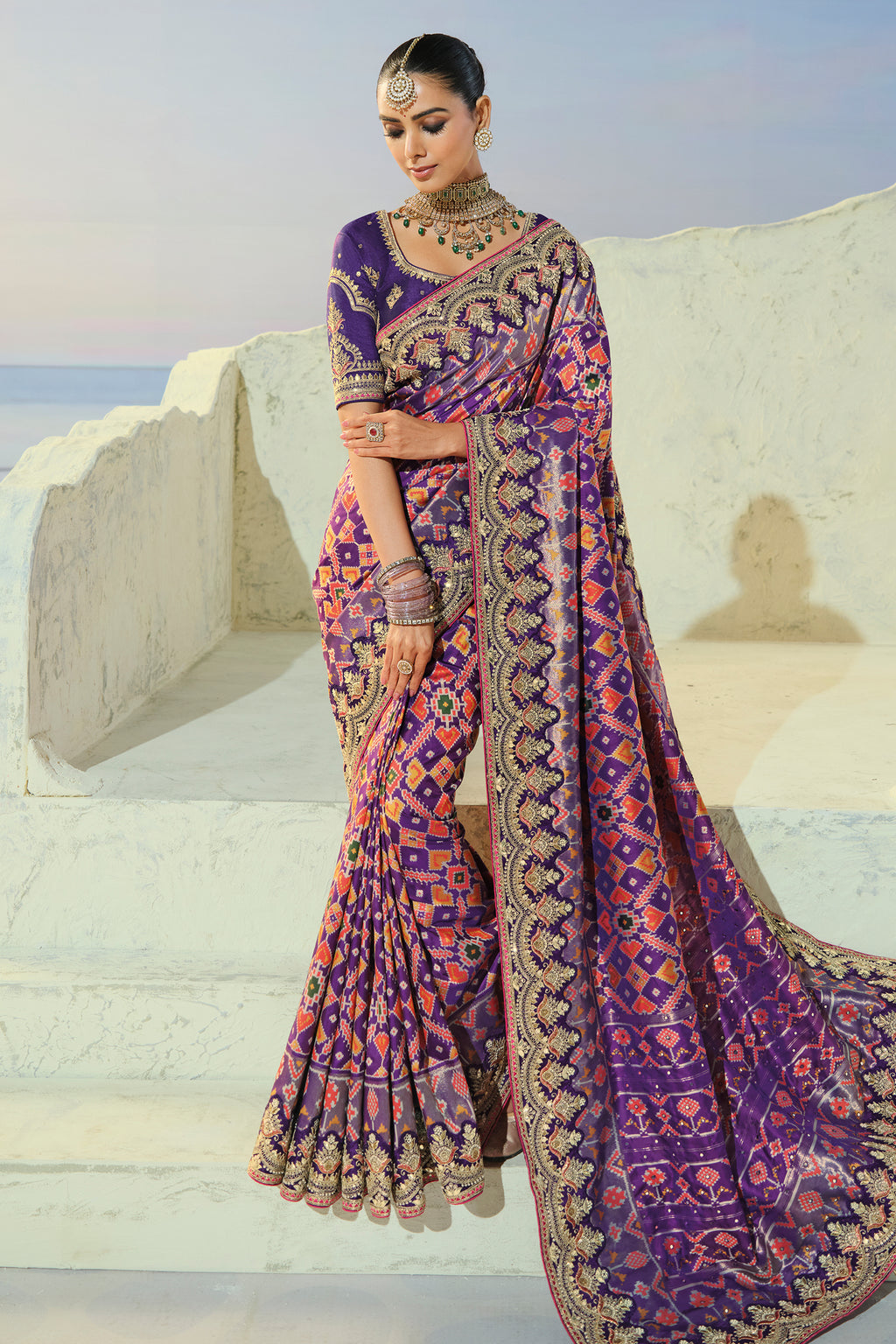 Purple Silk Traditional Woven Patola Saree with Embroidered Border