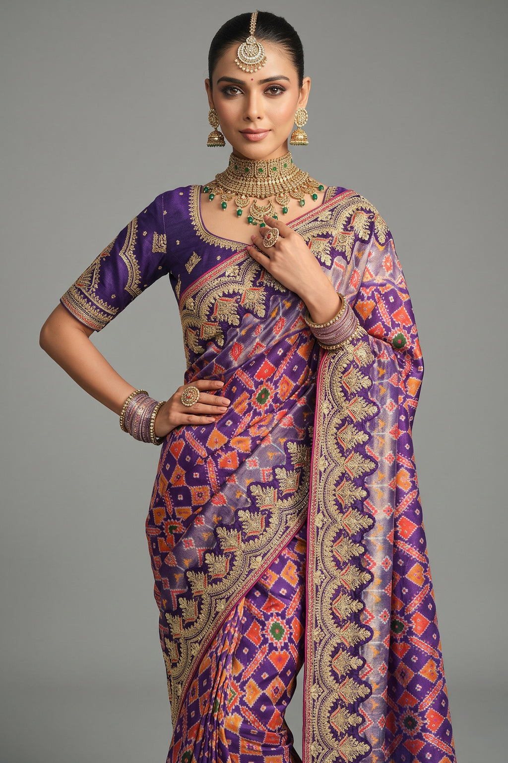 Purple Silk Traditional Woven Patola Saree with Embroidered Border