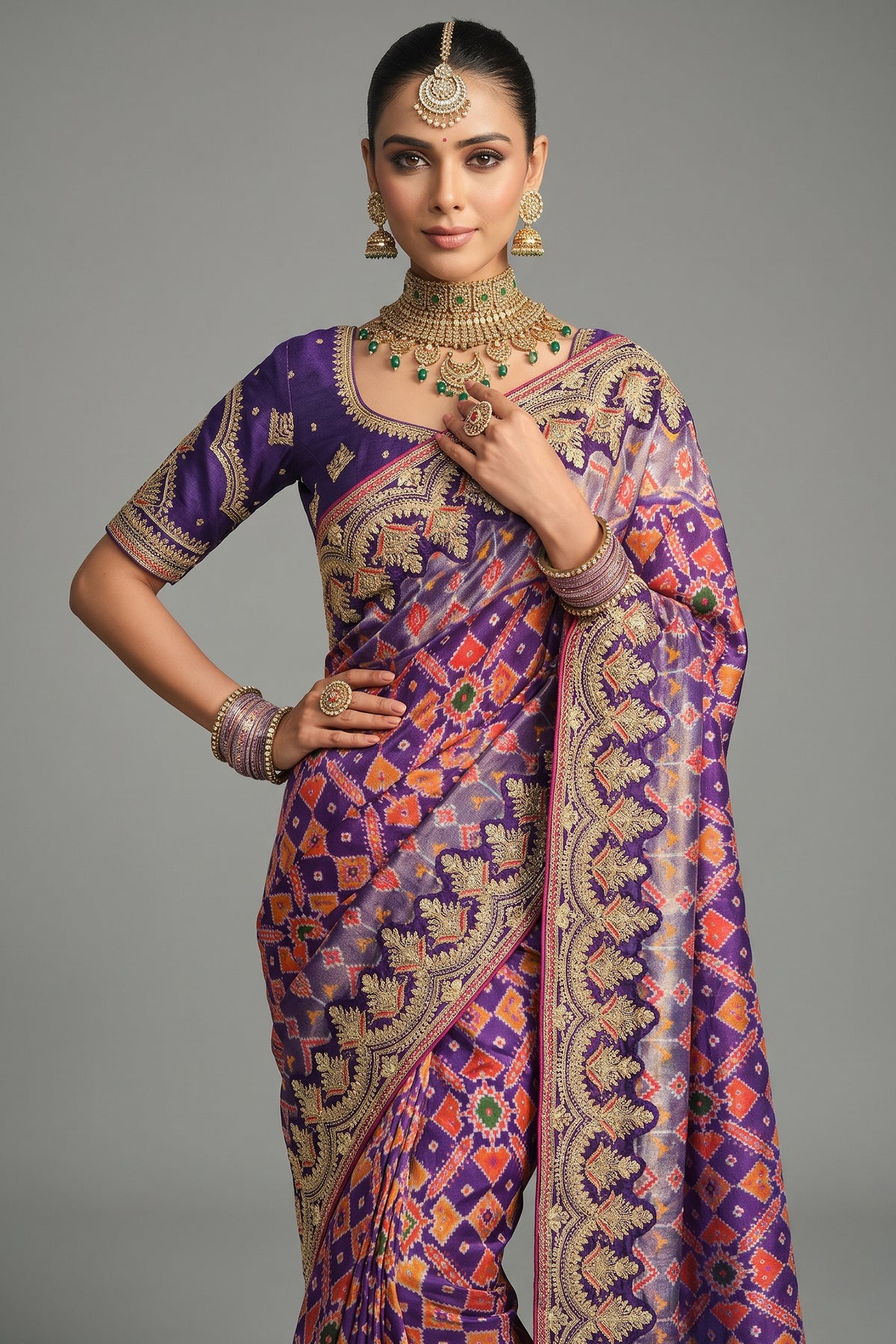 Purple Silk Traditional Woven Patola Saree with Embroidered Border