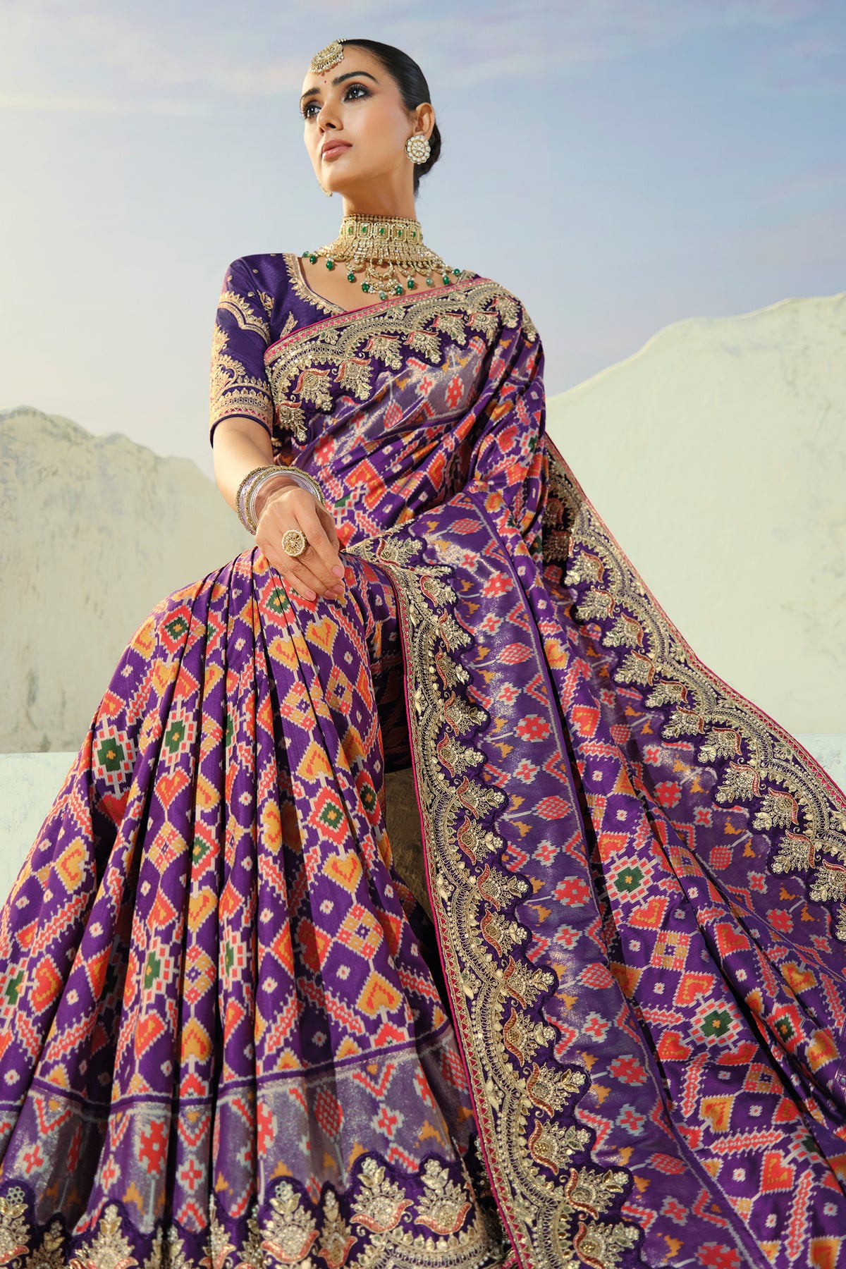 Purple Silk Traditional Woven Patola Saree with Embroidered Border