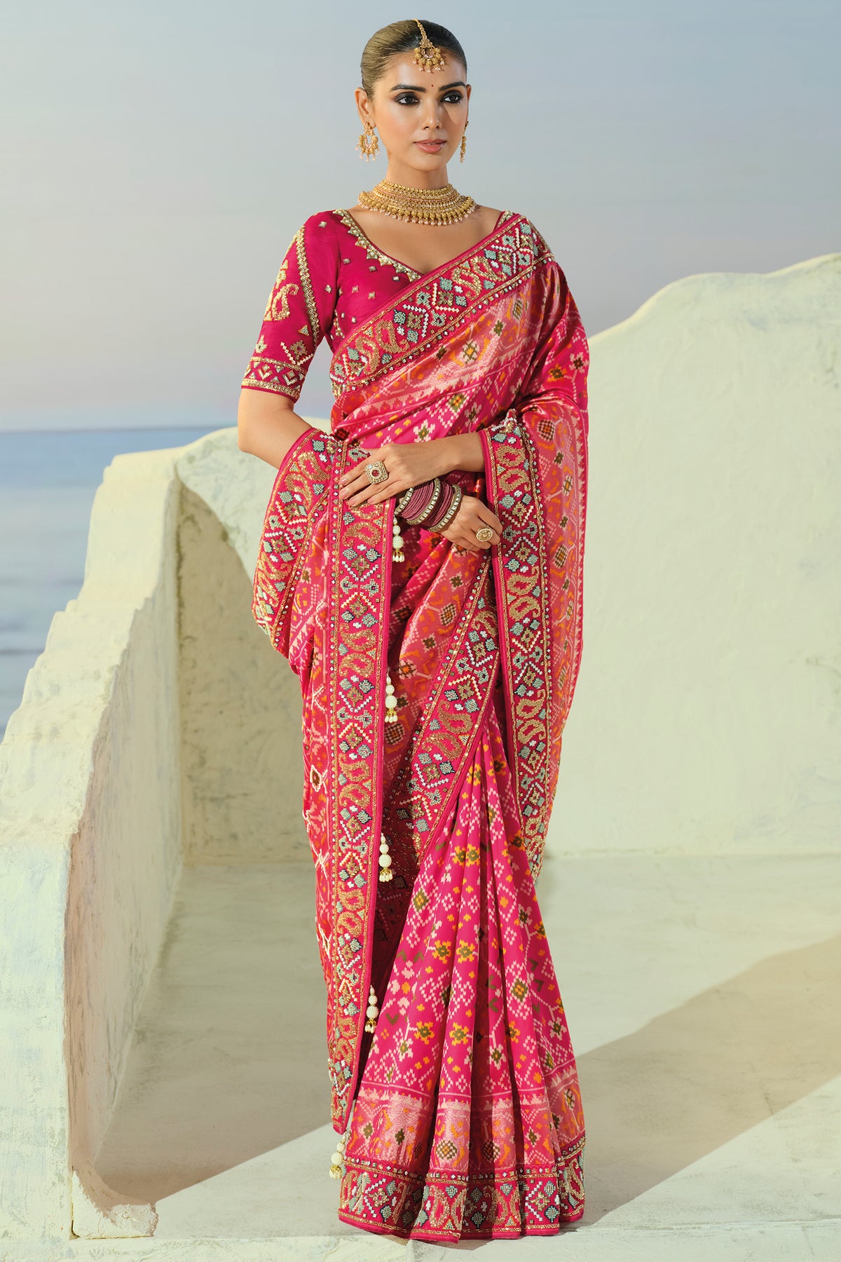 Pink Silk Traditional Woven Saree with Beaded Border