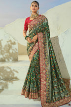 Dark Green Silk Traditional Woven Saree with Embroidered Border