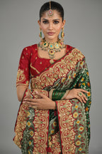 Dark Green Silk Traditional Woven Saree with Embroidered Border