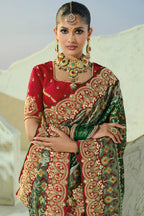 Dark Green Silk Traditional Woven Saree with Embroidered Border