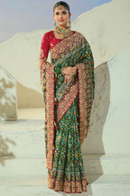 Dark Green Silk Traditional Woven Saree with Embroidered Border