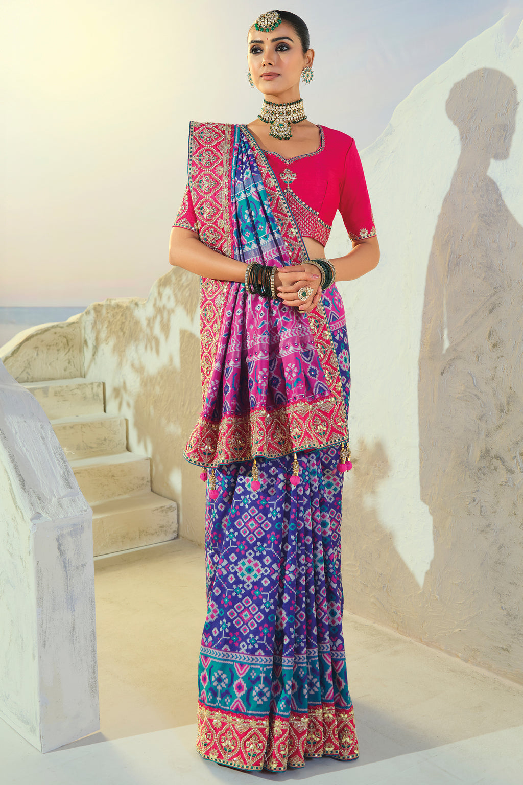Blue Silk Woven Patola Traditional Saree with Contrast Embroidered Border