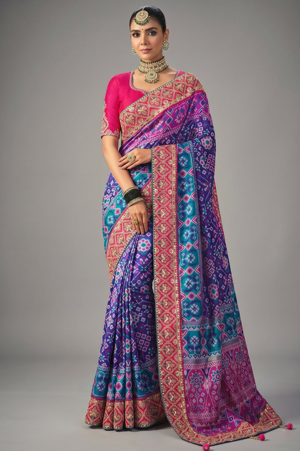 Blue Silk Woven Patola Traditional Saree with Contrast Embroidered Border
