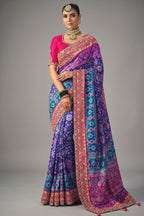 Blue Silk Woven Patola Traditional Saree with Contrast Embroidered Border