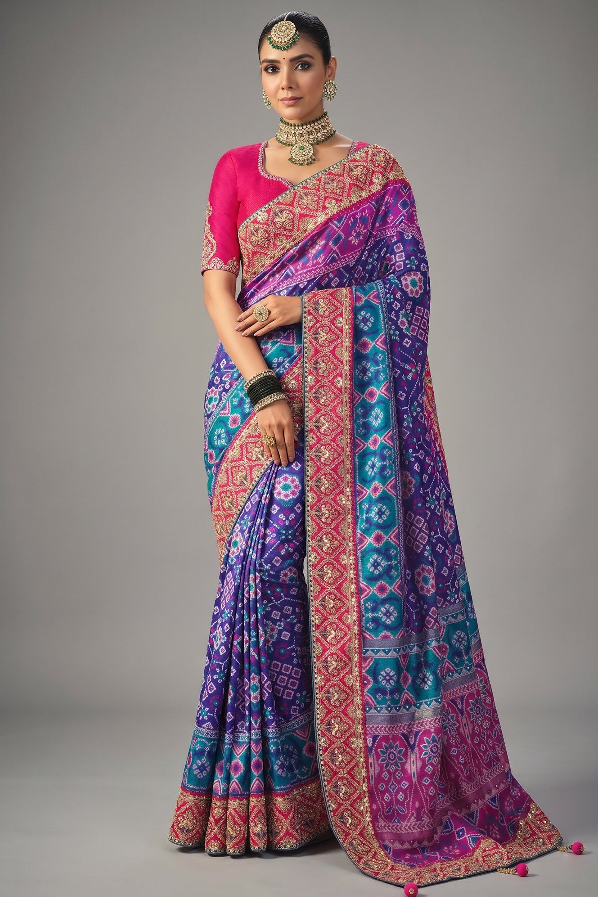 Blue Silk Woven Patola Traditional Saree with Contrast Embroidered Border
