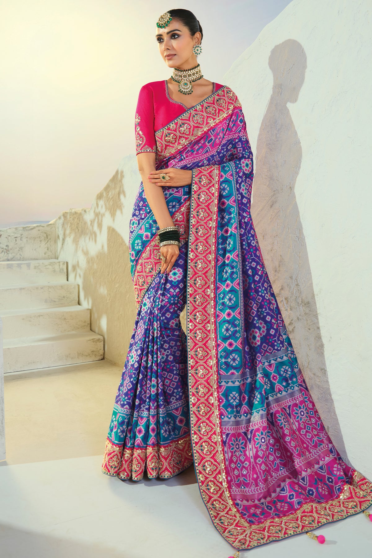 Blue Silk Woven Patola Traditional Saree with Contrast Embroidered Border