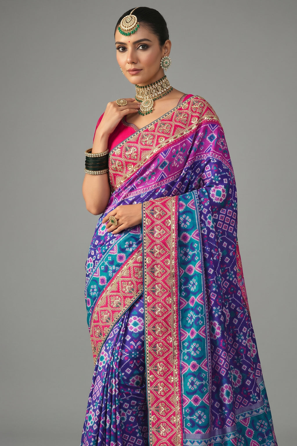 Blue Silk Woven Patola Traditional Saree with Contrast Embroidered Border