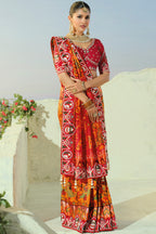 Orange Silk Traditional Woven Patola Saree with Contrast Beaded Work Border