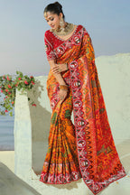 Orange Silk Traditional Woven Patola Saree with Contrast Beaded Work Border