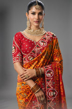 Orange Silk Traditional Woven Patola Saree with Contrast Beaded Work Border