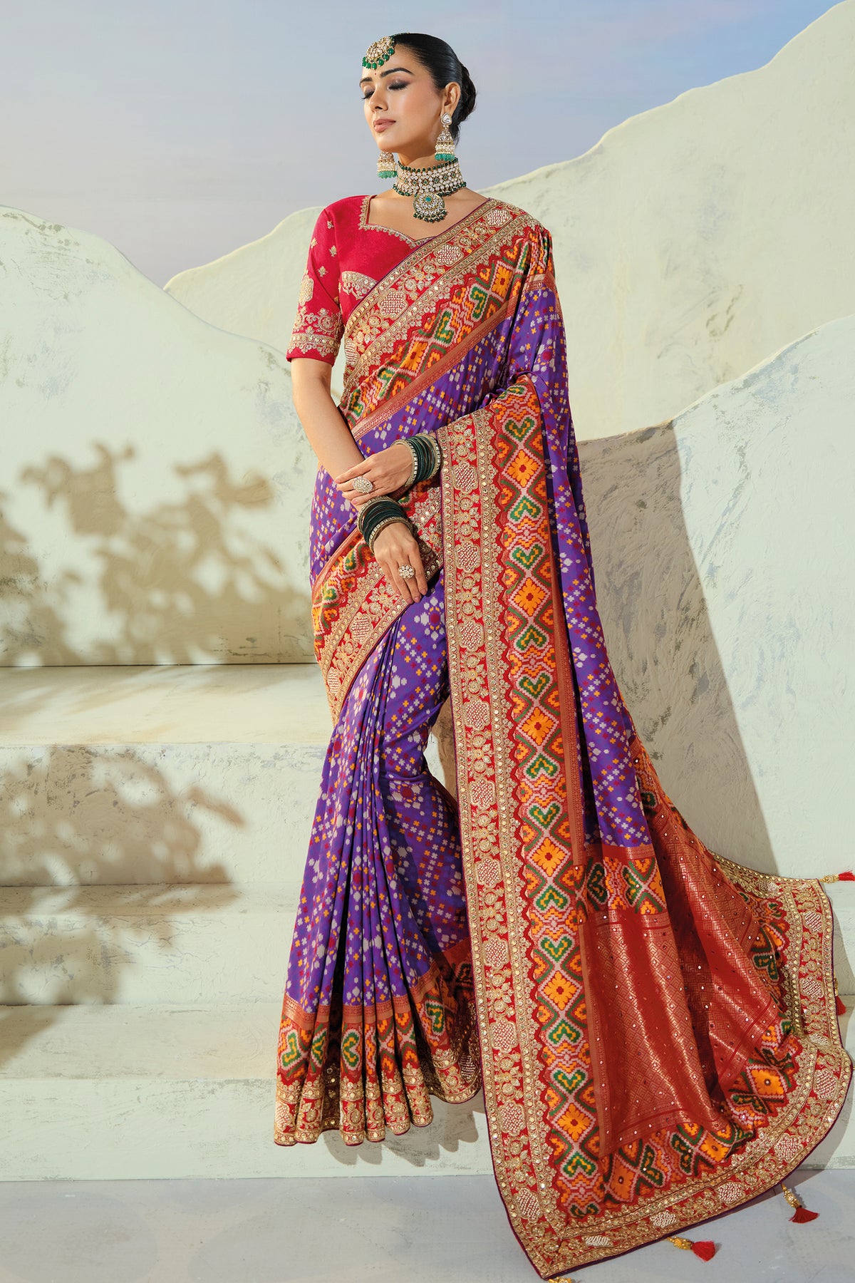Purple Silk Traditional Woven Patola Saree with Contrast Embroidered Border