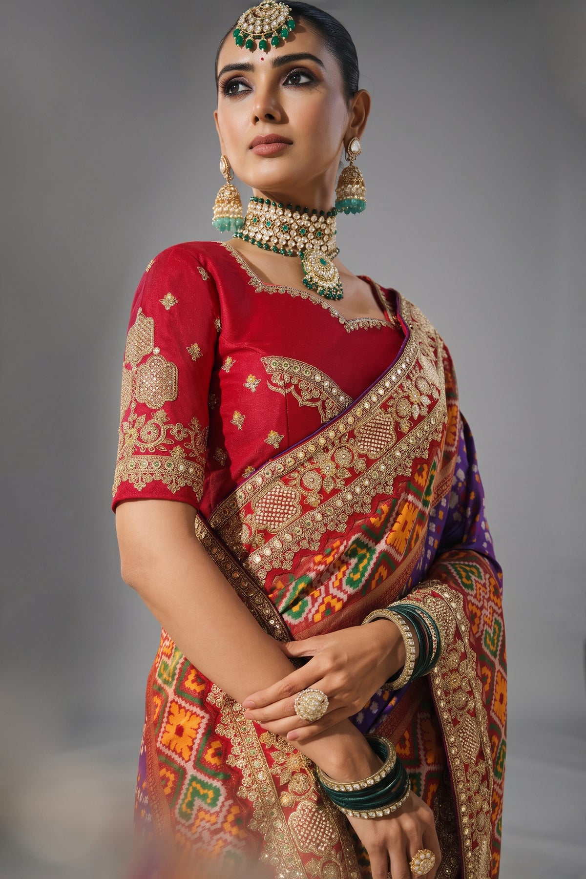 Purple Silk Traditional Woven Patola Saree with Contrast Embroidered Border