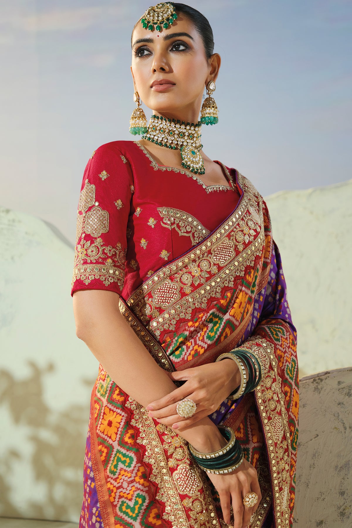 Purple Silk Traditional Woven Patola Saree with Contrast Embroidered Border
