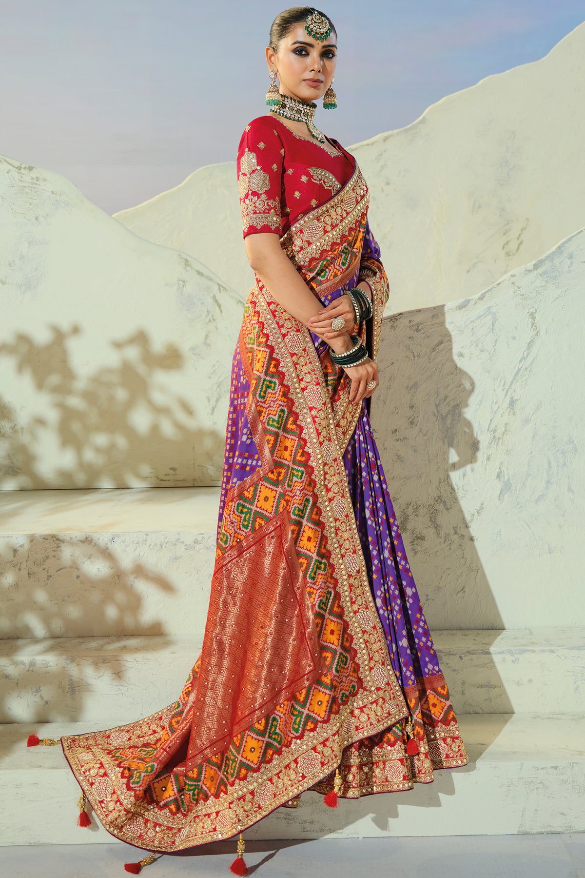 Purple Silk Traditional Woven Patola Saree with Contrast Embroidered Border