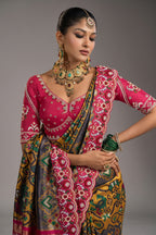 Mustard Silk Traditional Woven Patola Saree with Contrast Beaded Border and Pallu