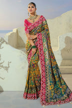 Mustard Silk Traditional Woven Patola Saree with Contrast Beaded Border and Pallu