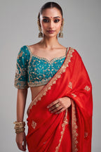 Red Crepe Silk Embroidered Saree with Cutdana and Sequin Work