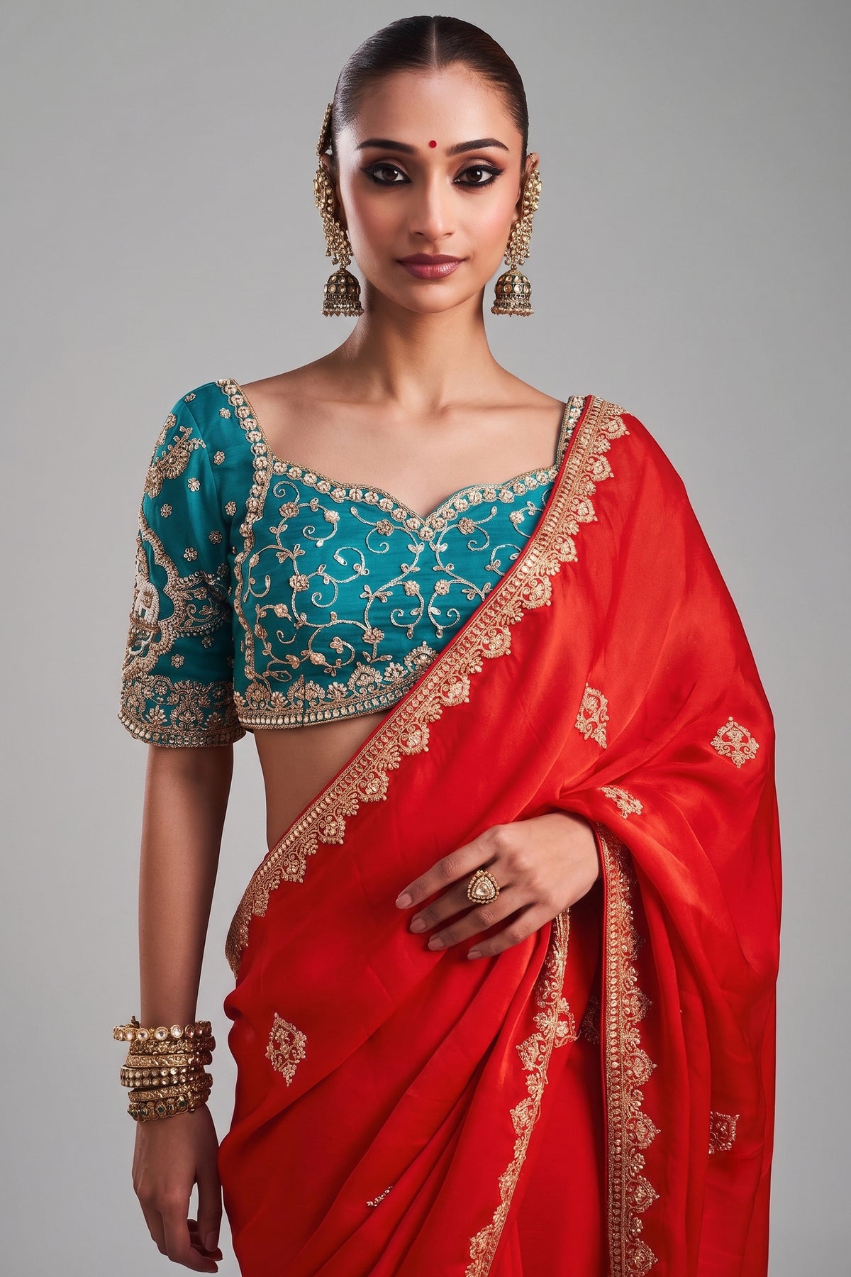 Red Crepe Silk Embroidered Saree with Cutdana and Sequin Work