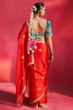 Red Crepe Silk Embroidered Saree with Cutdana and Sequin Work