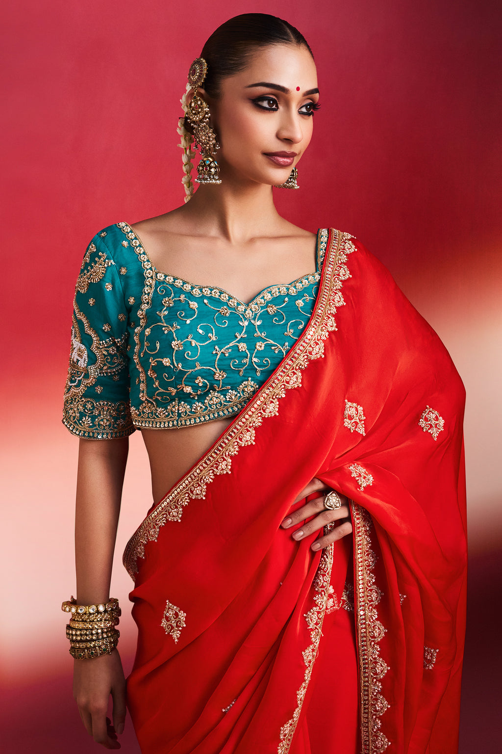 Red Crepe Silk Embroidered Saree with Cutdana and Sequin Work