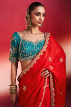 Red Crepe Silk Embroidered Saree with Cutdana and Sequin Work