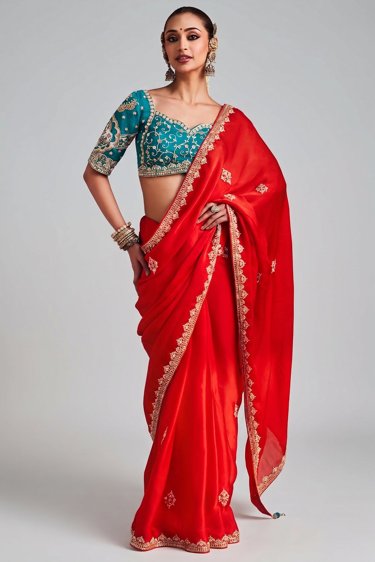Red Crepe Silk Embroidered Saree with Cutdana and Sequin Work