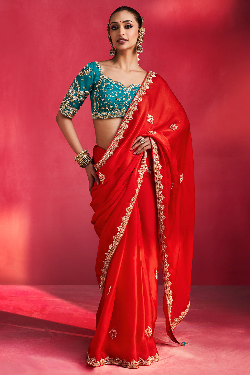Red Crepe Silk Embroidered Saree with Cutdana and Sequin Work