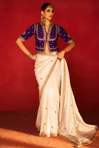 Off White Crepe Silk Beaded Cutdana Worked Saree with Corset Blouse