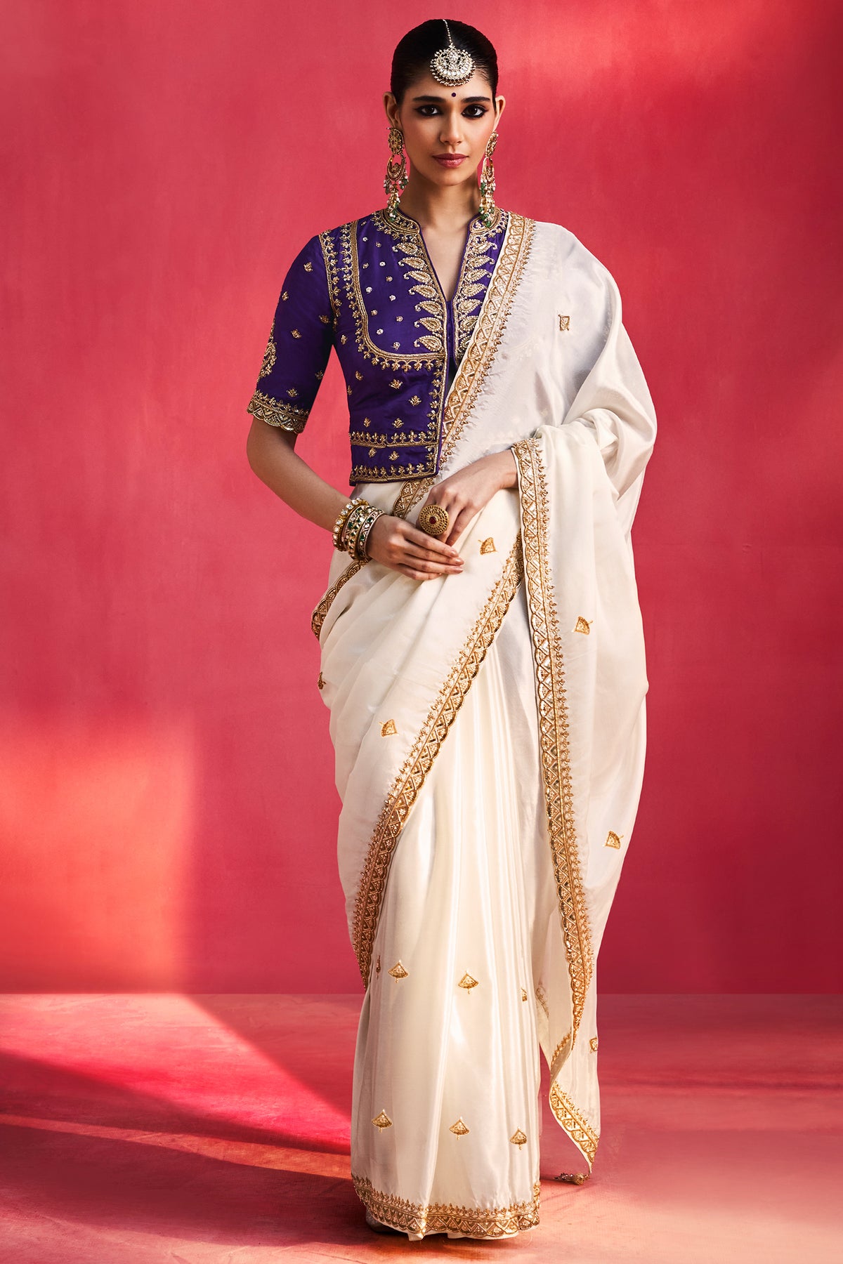 Off White Crepe Silk Beaded Cutdana Worked Saree with Corset Blouse