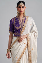 Off White Crepe Silk Beaded Cutdana Worked Saree with Corset Blouse