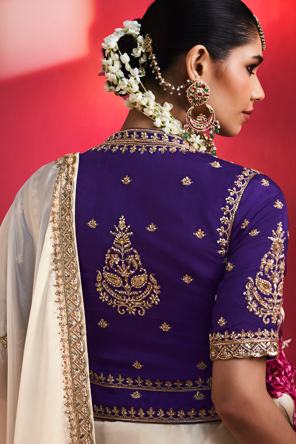 Off White Crepe Silk Beaded Cutdana Worked Saree with Corset Blouse