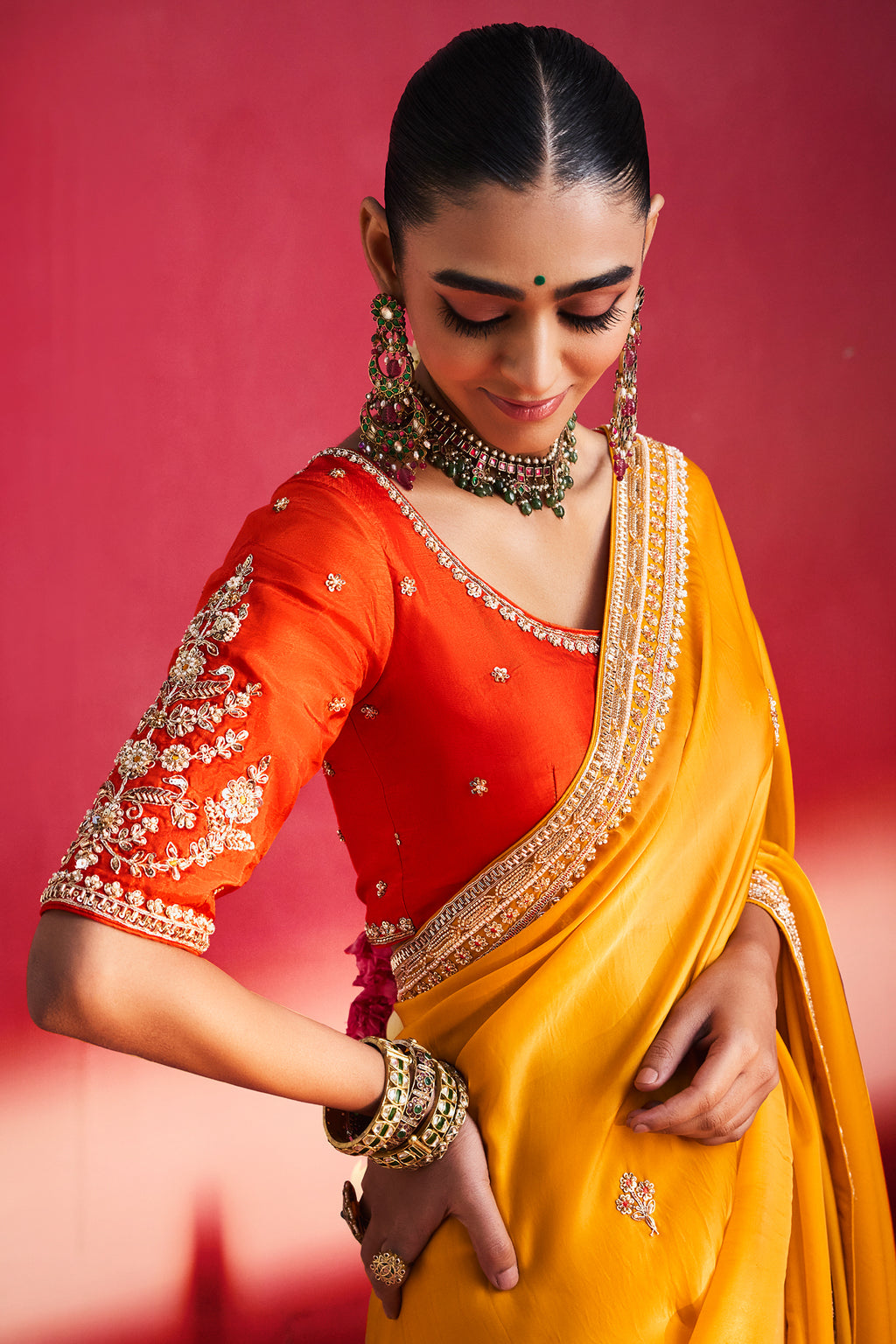 Yellow Crepe Silk Cutdana Sequin Worked Saree with Corset Blouse