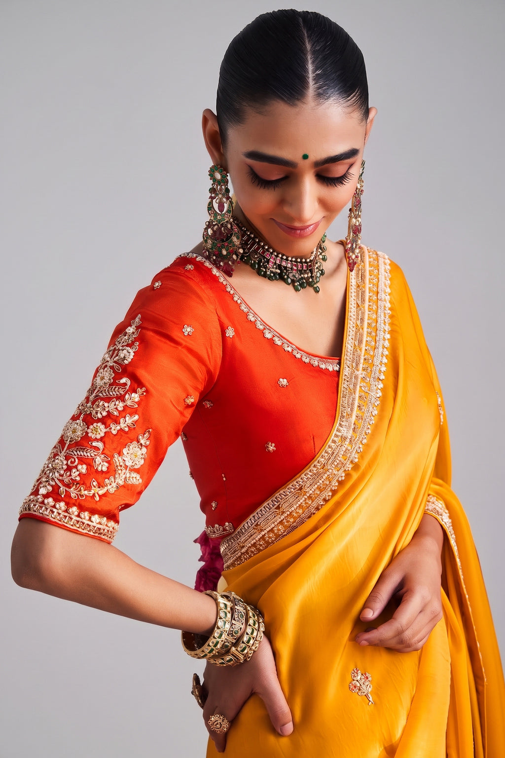 Yellow Crepe Silk Cutdana Sequin Worked Saree with Corset Blouse