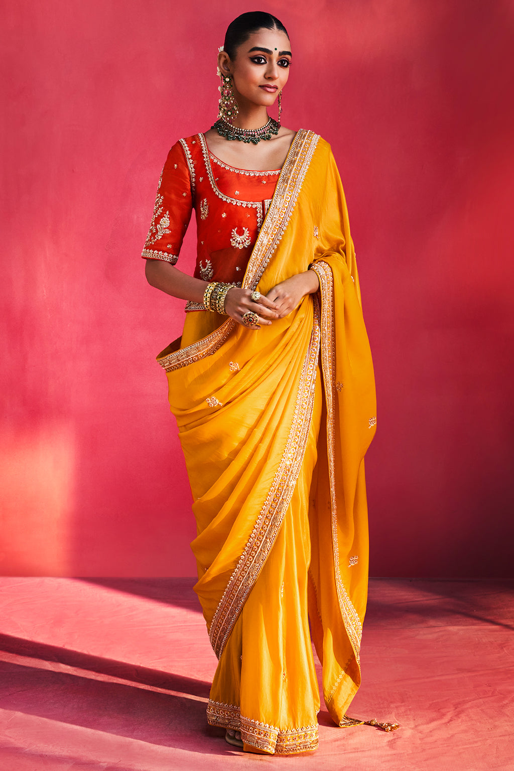 Yellow Crepe Silk Cutdana Sequin Worked Saree with Corset Blouse