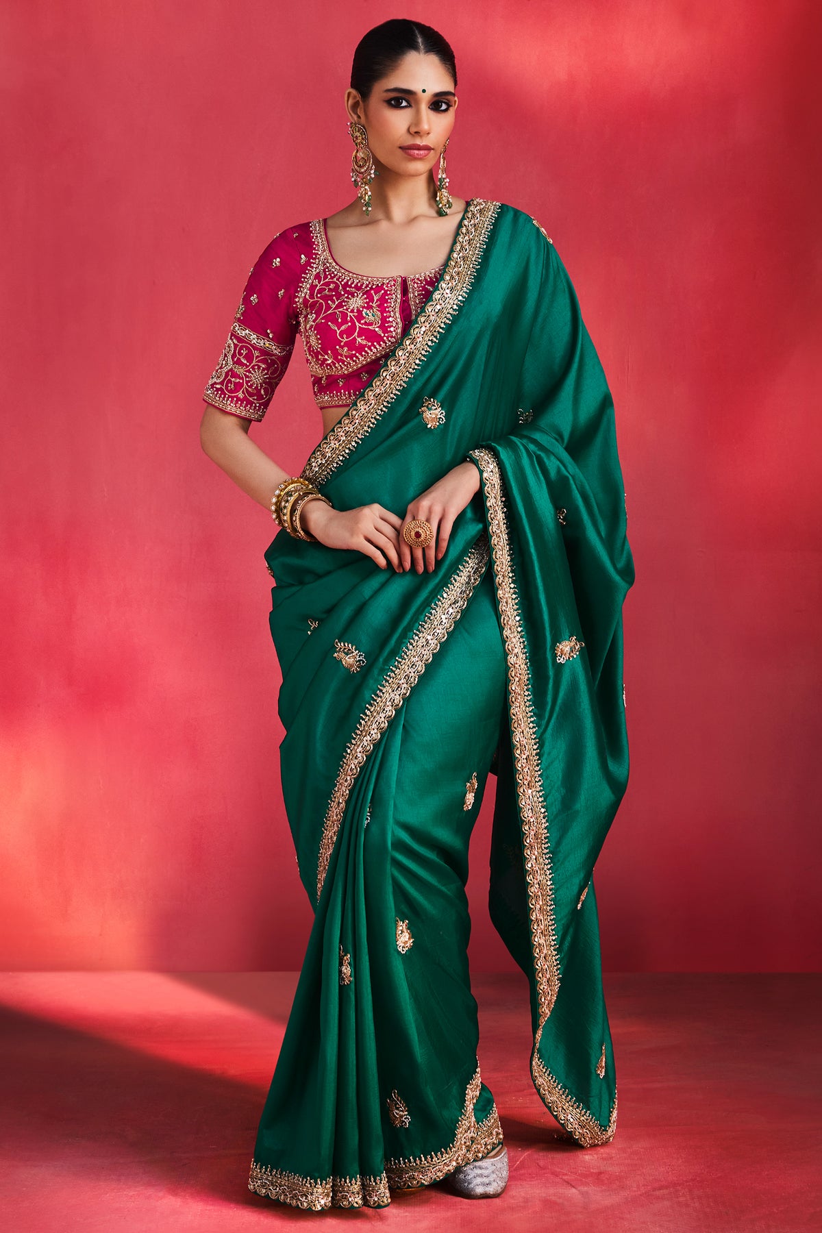 Teal Green Crepe Silk Cutdana Sequin Work Lace Border Saree