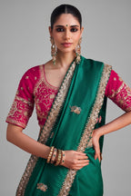 Teal Green Crepe Silk Cutdana Sequin Work Lace Border Saree