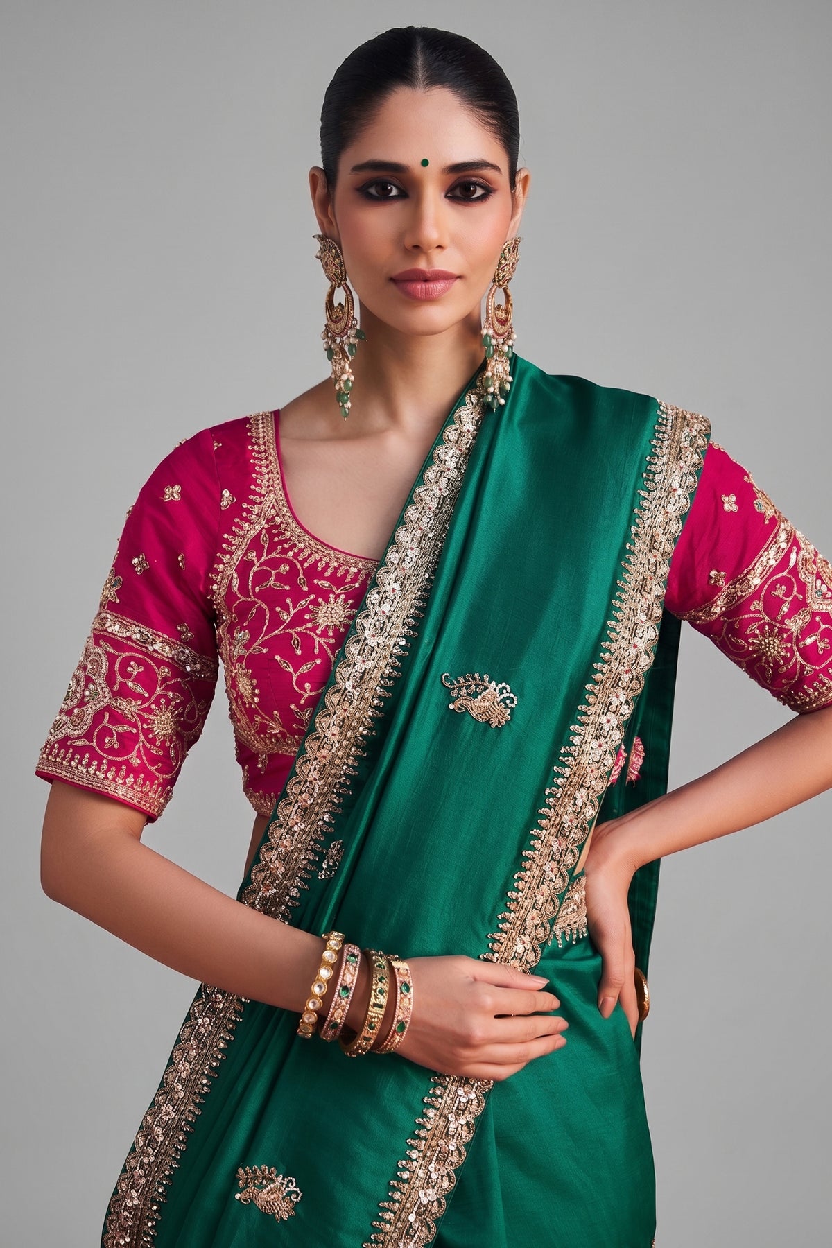 Teal Green Crepe Silk Cutdana Sequin Work Lace Border Saree