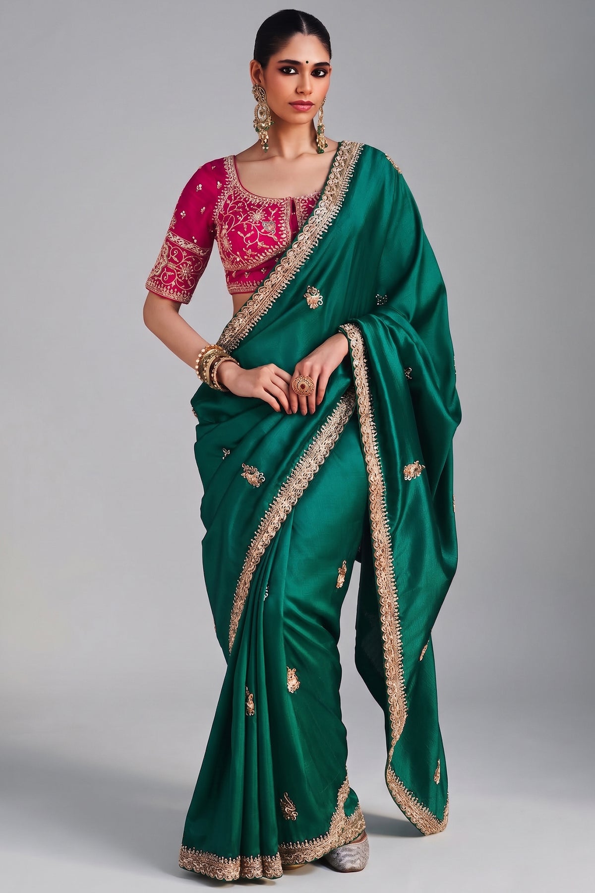 Teal Green Crepe Silk Cutdana Sequin Work Lace Border Saree