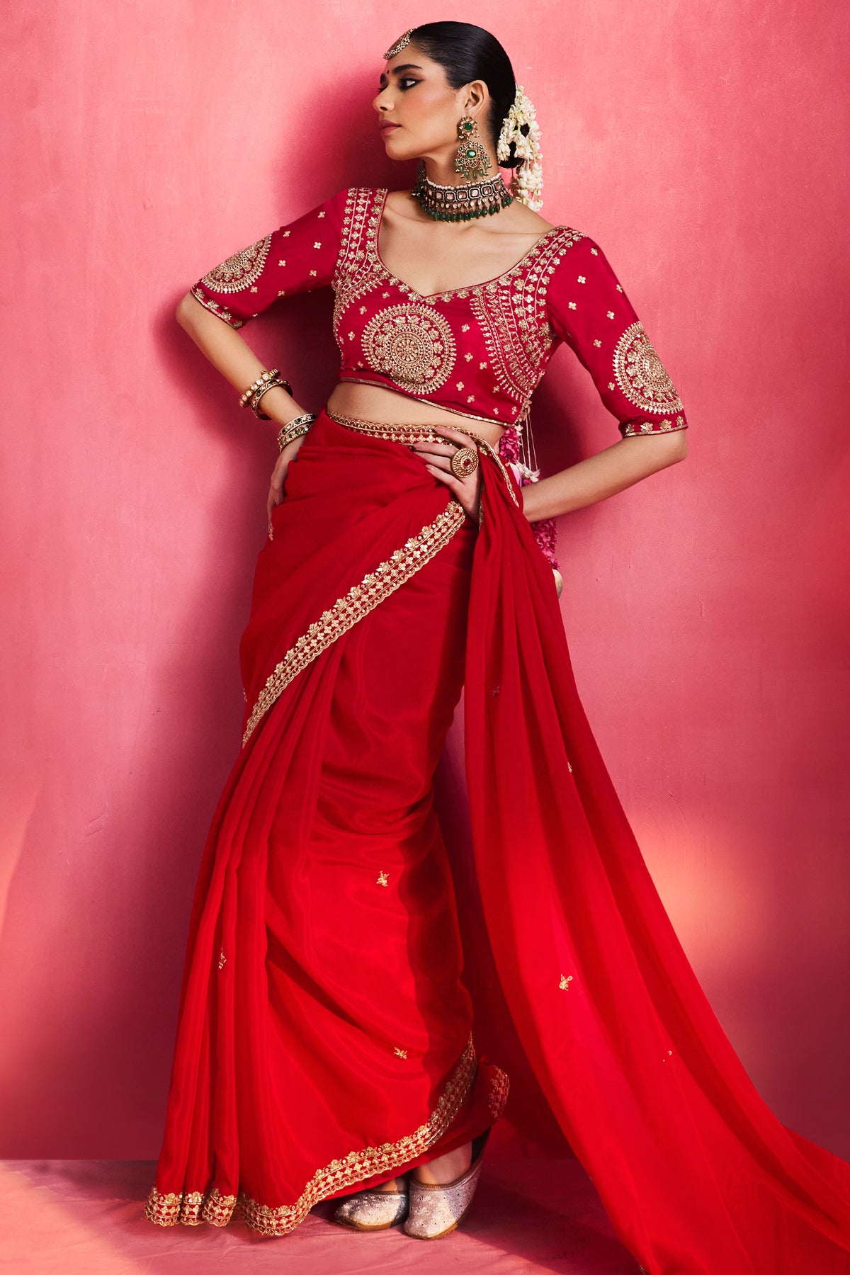 Red Crepe Silk Sequin and Cutdana Worked Saree
