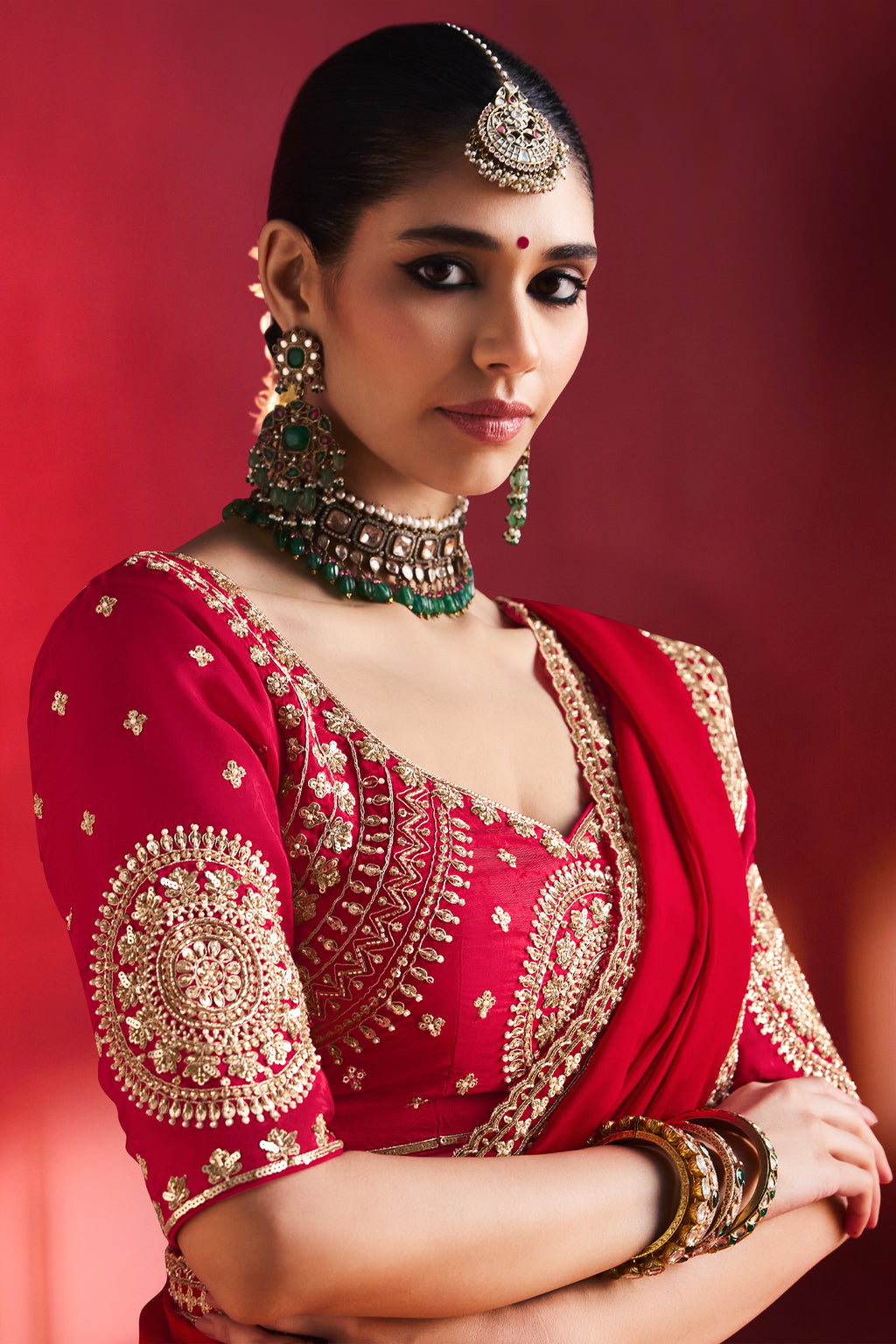 Red Crepe Silk Sequin and Cutdana Worked Saree